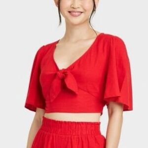 A New Day Flutter Sleeve Red Linen Blend Tiefront Cropped Top